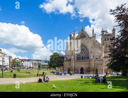 Exeter Cathedral exterior and Cathedral Green Exeter Devon England UK ...