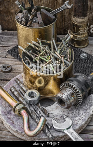 Set of old tools of the keys,screws and drills. Stock Photo