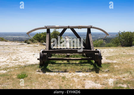 Old wooden medieval catapult at Les Baux de Provence, France Stock Photo