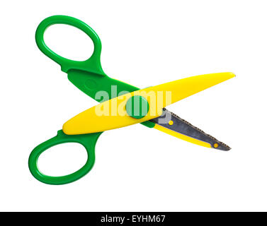 the yellow and green children's scissors isolated on white background Stock Photo