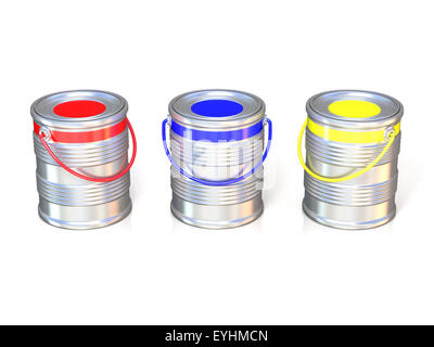 Metal tin cans with basic colors (red, blue and green) paint. Isolated on white background Stock Photo