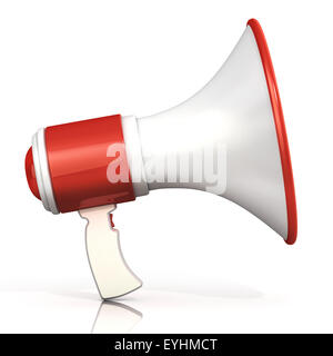 Red and white megaphone, 3D rendering, isolated on white background. Side view. Stock Photo