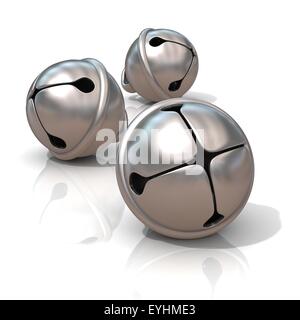 Three silver sleigh bells, 3D render illustration, isolated on white background. Stock Photo