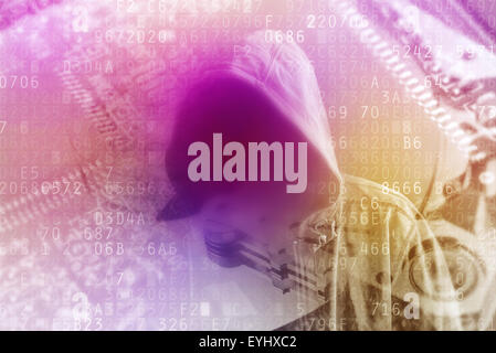 Cyber crime double exposure concept, faceless unknown hooded man with computer technology background Stock Photo