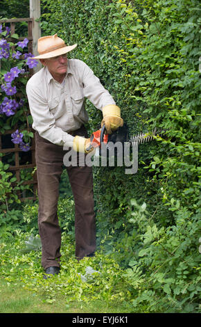 Man wearing safety goggles and gloves cutting garden hedge with a petrol hedge cutter Stock Photo