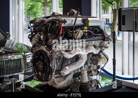 BERLIN - JUNE 14, 2015: Engine V12 DOHC (BMW N73) of the Rolls-Royce. Black and white. The Classic Days on Kurfuerstendamm. Stock Photo