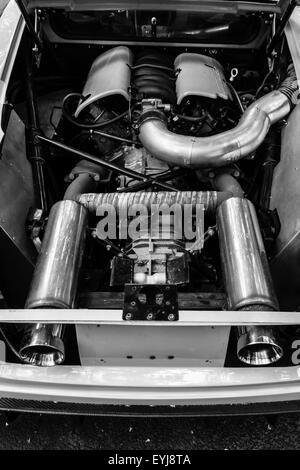 BERLIN - JUNE 14, 2015: Engine of a sports car Jim Turner GTO, 1984. Black and white. The Classic Days on Kurfuerstendamm. Stock Photo