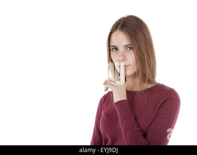girl in red sweater shows a sign quietly Stock Photo