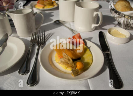 A Gold Leaf Breakfast aboard the Rocky Mountaineer from Jasper to Vancouver Canada.  Definitely one to be experienced! Stock Photo