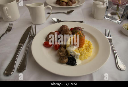 A Gold Leaf Breakfast aboard the Rocky Mountaineer from Jasper to Vancouver Canada.  Definitely one to be experienced! Stock Photo