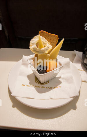 A Gold Leaf gourmet snack aboard the Rocky Mountaineer from Jasper to Vancouver Canada.  Definitely one to be experienced! Stock Photo