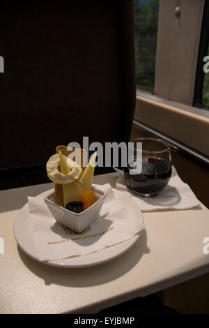 A Gold Leaf gourmet snack aboard the Rocky Mountaineer from Jasper to Vancouver Canada.  Definitely one to be experienced! Stock Photo