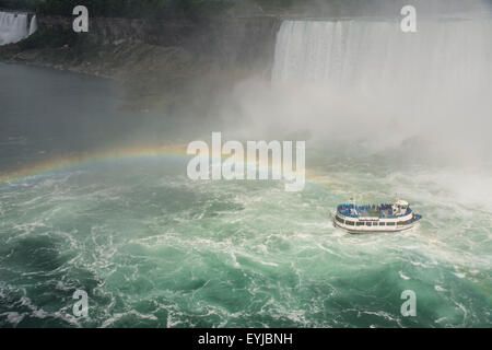 The Maid of the Mist in amongst the horseshoe falls with a rainbow overhead. Niagra Falls, Canada. Stock Photo