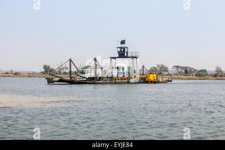 The Kazungula Ferry, a pontoon ferry carrying lorries across the Zambezi River on the border between Botswana and Zambia Stock Photo