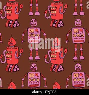 Sketch robot in vintage style, vector seamless pattern Stock Vector