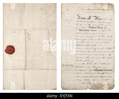 Old handwritten letter. Antique paper sheet with red wax seal. Manuscript. Parchment. Stock Photo