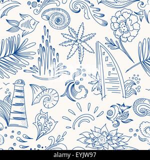 Vintage style hand-painted vacations vector background with sea, water and landmarks Stock Vector