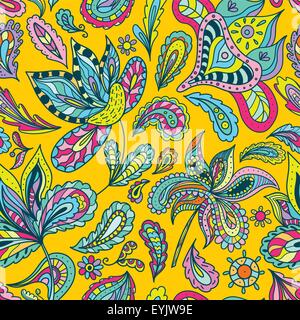 Seamless floral and paisley ornamental sketch doodle wallpaper with ethnic motifs on yellow background Stock Vector