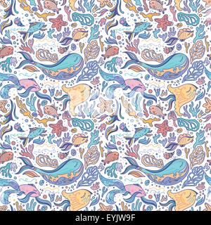 Seamless background with marine animals, shells, fishes Stock Vector
