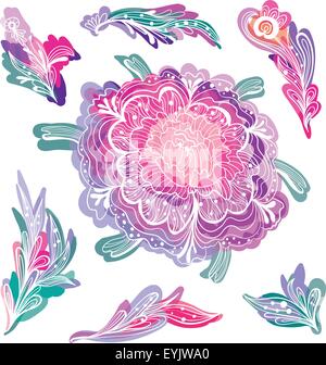 Vector sketch doodle flowers and foliage with watercolor effect for events, cards, invitations, weddings Stock Vector