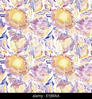 Seamless pattern with colorful watercolor effect chrysanthemum outline flowers on white background Stock Vector