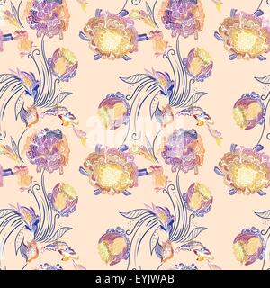 Vector seamless background with purple, yellow and orange chrysanthemums in creative sketch style with watercolor effect Stock Vector