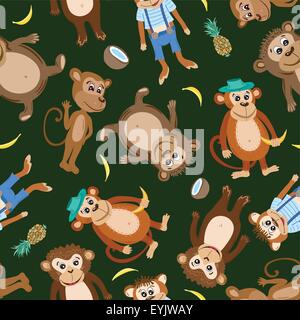 Seamless flat design pattern with funny baby toy marmosets on dark green background Stock Vector