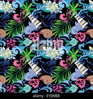 Seamless travel, vacation background with sea symbols and wave spa signs for touristic design Stock Vector