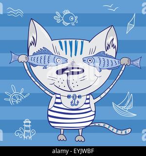 Vector funny baby doodle design character with fishes and sea symbols Stock Vector