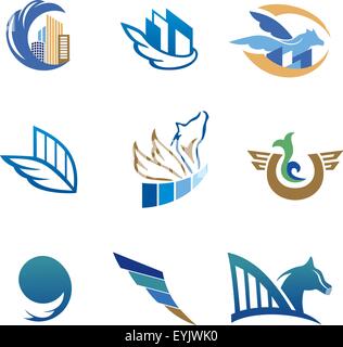 Real estate, travel identity with pegasus and buildings for design Stock Vector