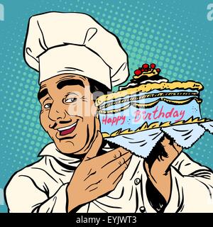 Pastry chef with birthday cake. The Italian man happily offers a holiday dessert Stock Vector