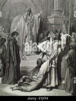 Old Testament. Judgment of Solomon. Engraving. Bible Illustration by Gustave Dore. 19th century. Stock Photo