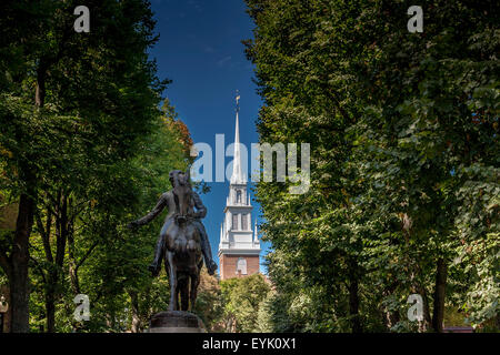 A Statue Of Paul Revere and Old North Church in the North End of Boston, MA,USA Stock Photo