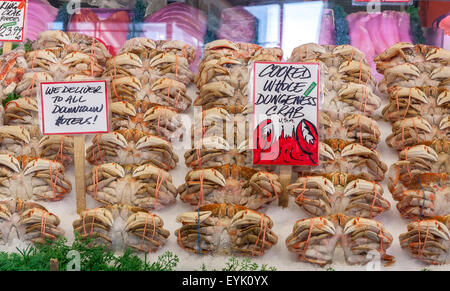 Freshly caught sea food on display at the Fish Counter at Pike Place Market , Seattle , Washington State , USA Stock Photo