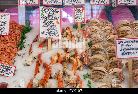 Freshly caught sea food on display at the Fish Counter at Pike Place Market , Seattle , Washington State , USA Stock Photo