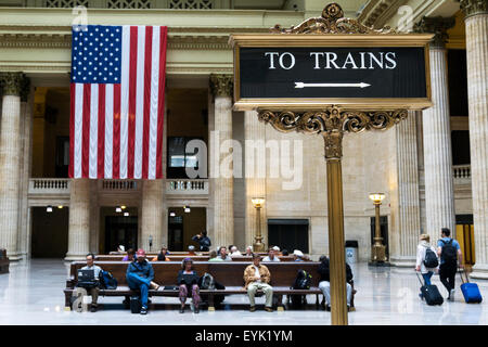 To Trains sign at Chicago Union Station. Stock Photo