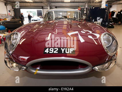 A classic Jaguar E-Type from 1961, in the National Garage at Silverstone. Stock Photo