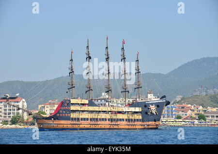 Large Pirate Boat that takes tourists on daily all inclusive boat trips around the coast of  Marmaris, Turkey. Stock Photo