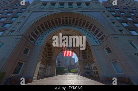 The famous arch and flag at the Boston Harbor Hotel on Rowes Wharf, Boston. Stock Photo