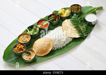 meals served on banana leaf, traditional south indian cuisine Stock Photo