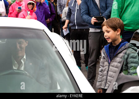 Copenhagen, Denmark, July 31st, 2015. Danish Prince Joachim and his youngest son, Prince Henrik, takes a look at the Danish car Zenvo, which was among the lined-up cars at Copenhagen Historic Grand Prix reception at the City Hall. On the photo Prince Joachim is in the car. Credit:  OJPHOTOS/Alamy Live News