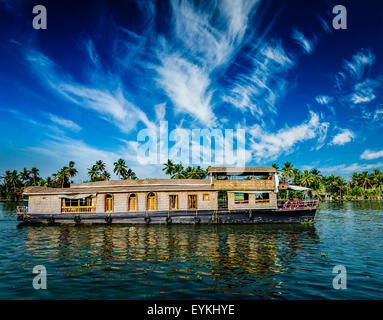 Kerala India travel background - houseboat on Kerala backwaters. Kerala, India Stock Photo