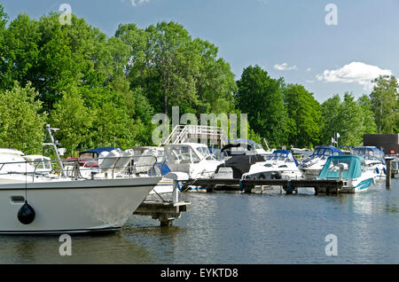 Germany, Brandenburg, Rheinsberg (town), motorboats at the marina, Stock Photo