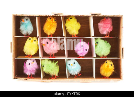 Toy chickens in wooden box Stock Photo