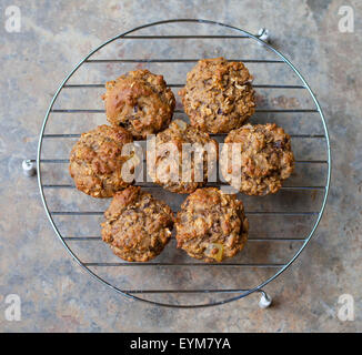 Freshly baked bran muffins cooling on a rack Stock Photo