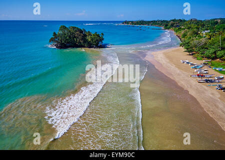 Sri Lanka, Southern Province, South Coast beach, Weligama bay, Taprobane island and Weligama beach, aerial view Stock Photo