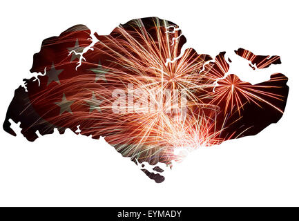 Republic of Singapore Flag with Fireworks Map Outline Silhouette for National Day Illustration Stock Photo