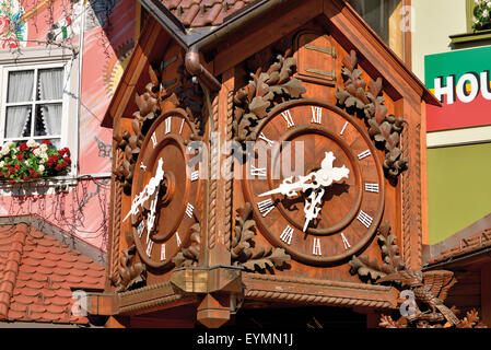 Germany, Black Forest: Huge wooden cuckoo clock in the House of the Clocks in Triberg Stock Photo