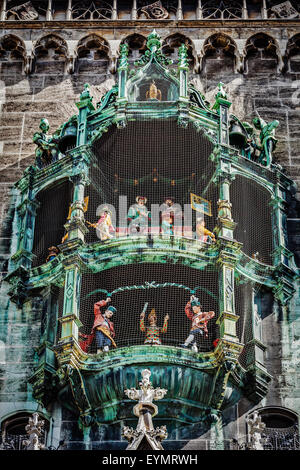 Animated figurines of Rathaus-Glockenspiel -  tourist attraction on New Town hall of Munich, Germany Stock Photo