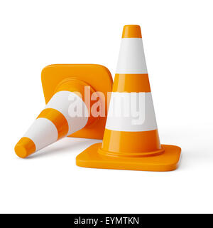 Orange highway traffic construction cones with white stripes isolated on white Stock Photo